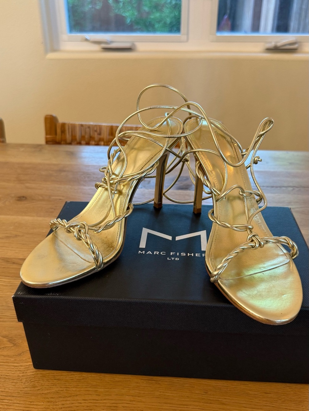 Marc Fisher Metallic Gold Braided Strap Stiletto Sandals